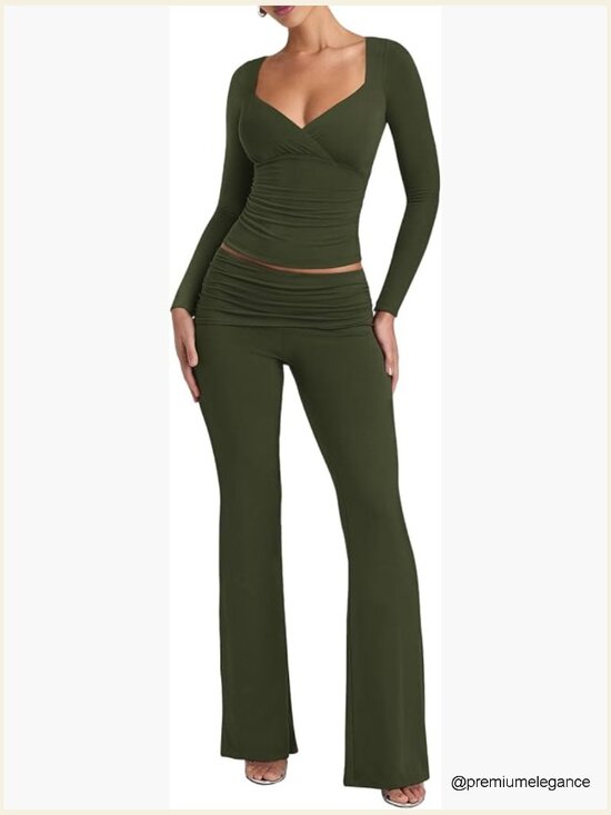 Pants - 2 Piece Lounge Set Long Sleeve Crop Top Flare Pants Tracksuit